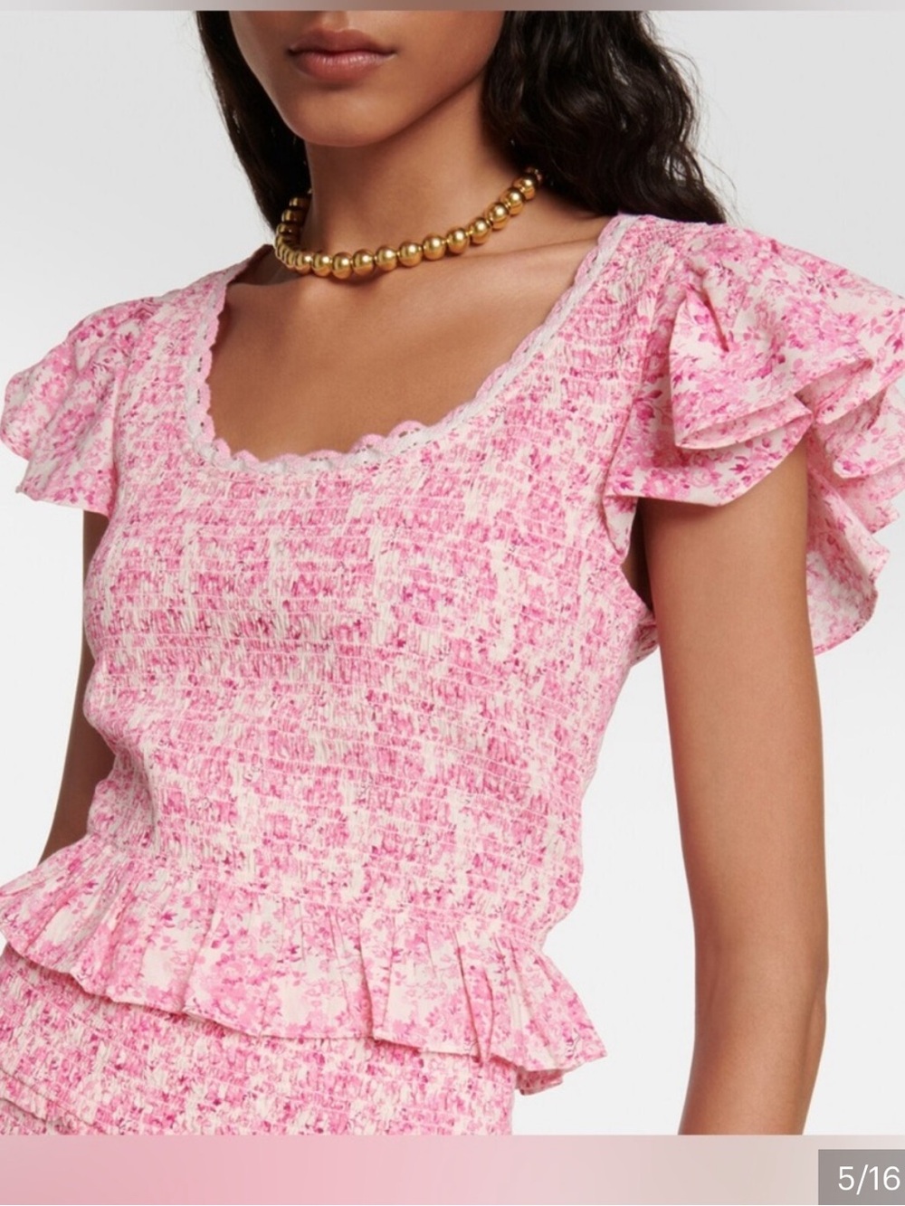 LoveShackFancy Milta Pink Smocked Flutter Sleeve Top